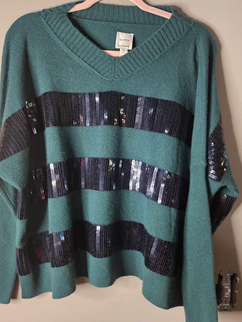 Maeve Teal Sweater with Black Sequin Stripes 100% Cashmere